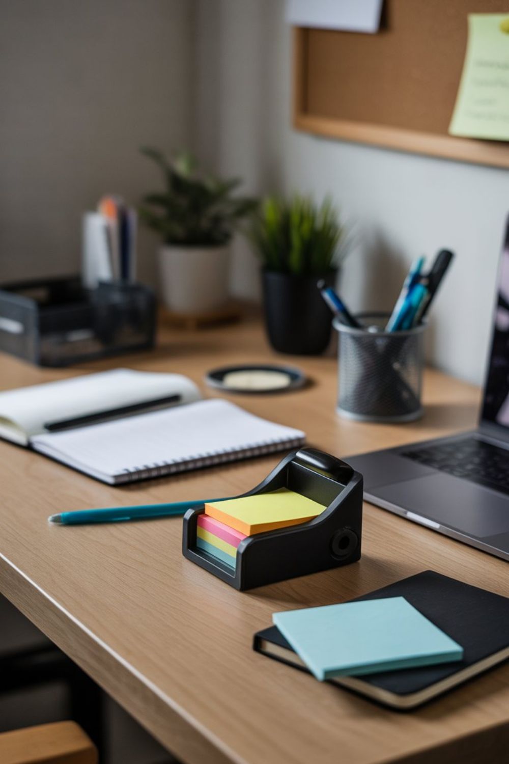 An open notebook beside a stack of folded papers and a pencil on a warm surface
